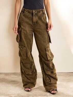 AFRM PARKER Baggy Distressed Brown Wide-Leg Cargo Jeans